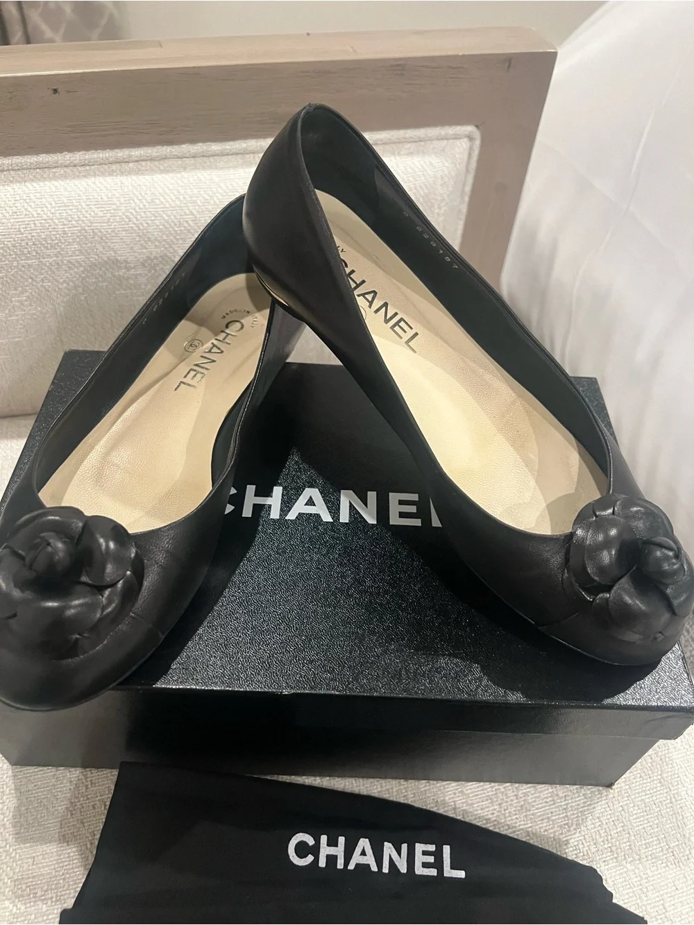 CHANEL Black Leather Camellia Round-Toe Flats